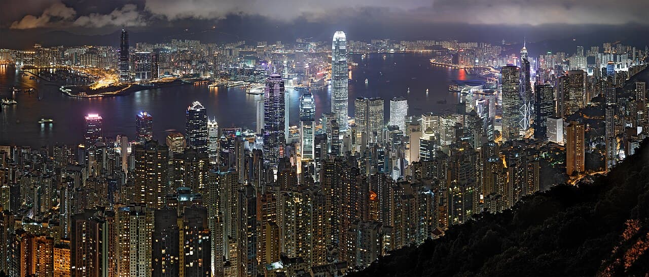 Hong Kong's skyline and Victoria Harbour at night from Victoria Peak